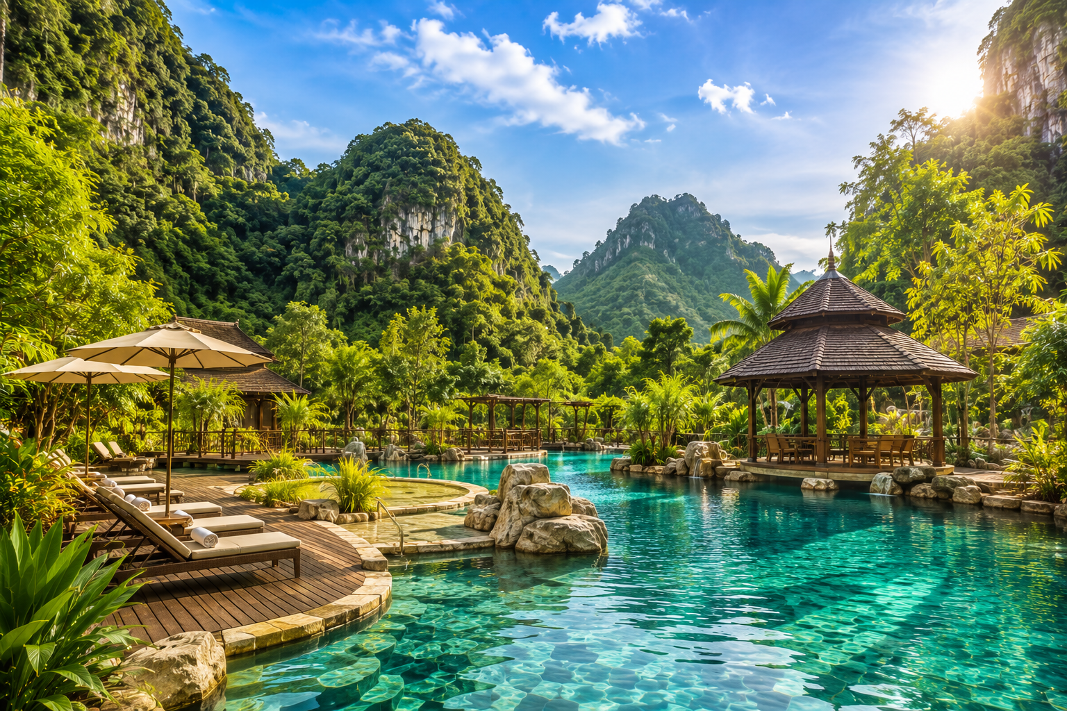 The Banjaran Hotsprings Retreat pool and limestone hills in Malaysia