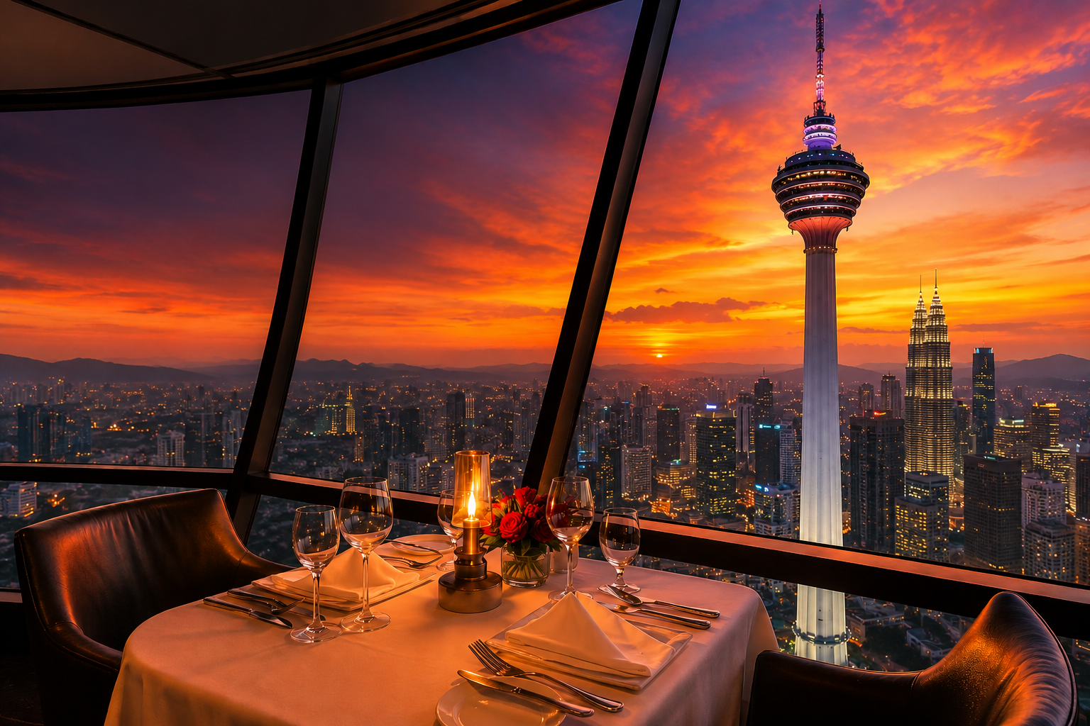Kuala Lumpur Tower sunset dinner during Malaysia singles tour